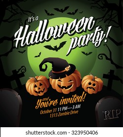 Halloween party invite pumpkins under a green moon EPS 10 vector royalty free stock illustration for greeting card, ad, promotion, poster, flier, blog, article, social media, marketing