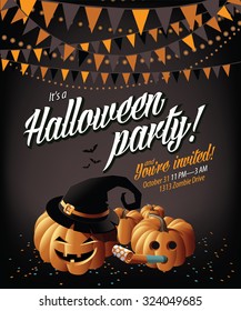 Halloween party invite pumpkins under a green moon EPS 10 vector royalty free stock illustration for greeting card, ad, promotion, poster, flier, blog, article, social media, marketing