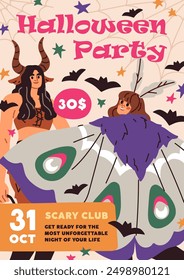 Halloween party, inviting card. Poster design, October masquerade promotion, creepy carnival night. Flyer template, Helloween celebration. Advertising spooky scary placard. Flat vector illustration