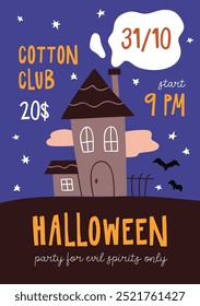 Halloween party, inviting flyer design. Spooky October night, invitation card template with haunted house in cute creepy style. Festive celebration, fall holiday event promo. Flat vector illustration