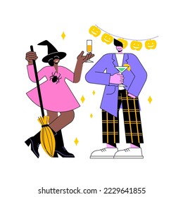 Halloween party isolated cartoon vector illustrations. Young people in scary costumes celebrate Halloween holiday, friends having fun, traditional decorations, mystery event vector cartoon.