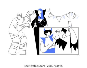 Halloween party isolated cartoon vector illustrations. Young people in scary costumes celebrate Halloween holiday, friends having fun, traditional decorations, mystery event vector cartoon.