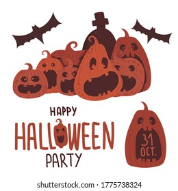 Halloween party items isolate: pumpkins, "Halloween" lettering, bat. Elements for a poster, banner, website, invitation cards. Vector.