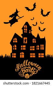 Halloween party ivitation with haunted house, ghost in a window and bats silhouette, witch flying on broomstick on orange background. 