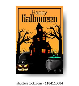 Halloween party with jack lantern pumpkin, potion in the pot, and silhouette of scary house with orange background. trick or treat event. poster banner label invitation template.