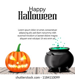 Halloween party with jack lantern pumpkin and potion in the pot on the table wood. trick or treat event. poster banner label invitation template.