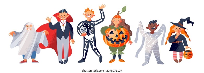 Ilustración vectorial de la fiesta de Halloween y del juego de caracteres de niños. Caricatura niños lindos se divierten con disfraces espeluznantes de calabaza de brujas, monstruo fantasma, zombi esqueleto y dracula de vampiros aislados en blanco