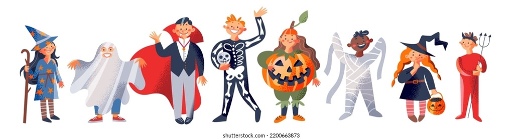 Halloween party and kid character set vector illustration. Cartoon cute children have fun in scary costumes of witch pumpkin, ghost monster child, skeleton zombie and vampire dracula isolated on white