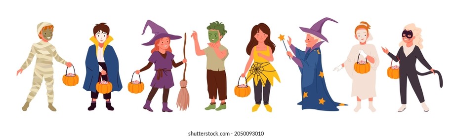 Halloween party kid characters set, happy children vector illustration. Cute girls boys in funny monster costumes treat pumpkin in hands on Halloween fun holiday isolated on white