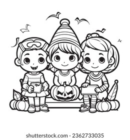 Halloween party for kids, black and white coloring page for kids and adults , line art, simple cartoon style, happy cute and funny
