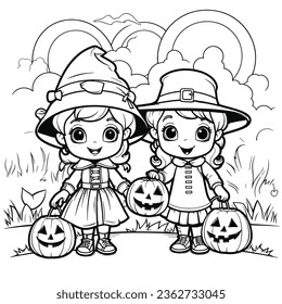 Halloween party for kids, black and white coloring page for kids and adults , line art, simple cartoon style, happy cute and funny

