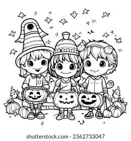 Halloween party for kids, black and white coloring page for kids and adults , line art, simple cartoon style, happy cute and funny
