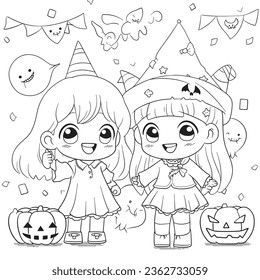 Halloween party for kids, black and white coloring page for kids and adults , line art, simple cartoon style, happy cute and funny