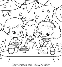 Halloween party for kids, black and white coloring page for kids and adults , line art, simple cartoon style, happy cute and funny