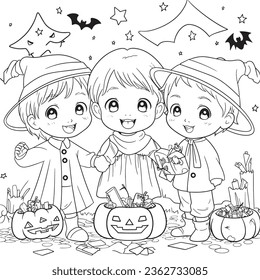 Halloween party for kids, black and white coloring page for kids and adults , line art, simple cartoon style, happy cute and funny