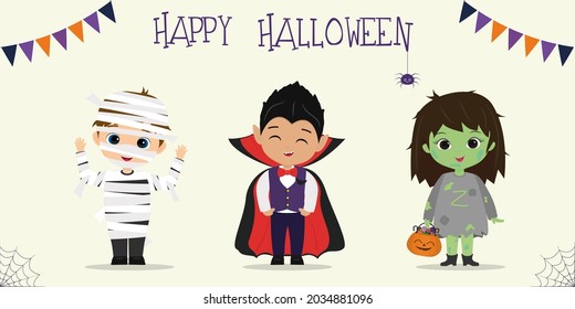 Halloween party kids characters set. Children in colorful Halloween costumes mummy, vampire, zombie in cartoon style. Vector, flat