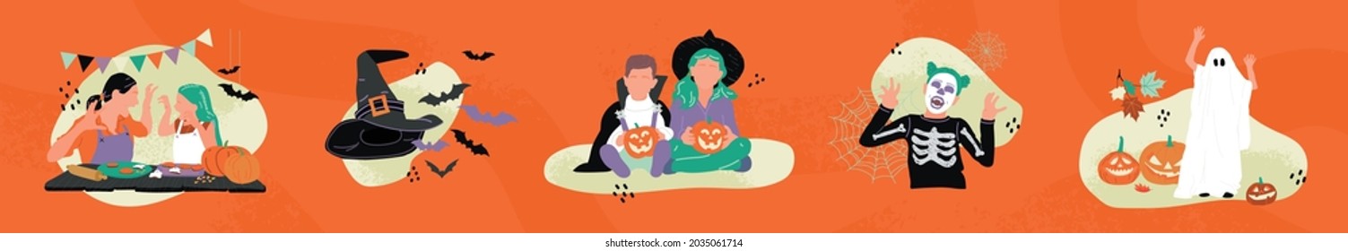 Halloween Party For Kids. Family Spending Time Together, Cooking Gingerbread And Decorations. Mummy, Skeleton, Ghost Children In Spooky Outfits. Craft Pumpkins And Cookies Cartoon Vector Illustration.