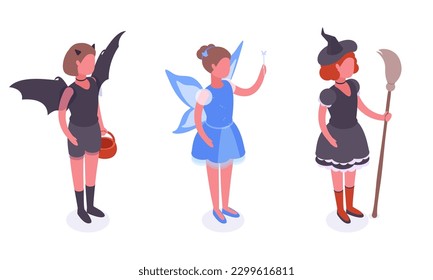 Halloween party kids. Isometric girls wearing witch, fairy and bat carnival costumes. Party masquerade children characters 3d vector illustration set