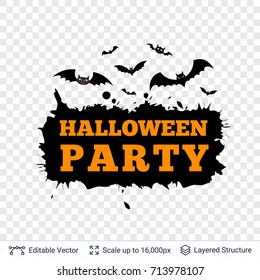 Halloween party label with black bats, paint splash and orange text. Decorative sticker for October party. Vector layered design element. 