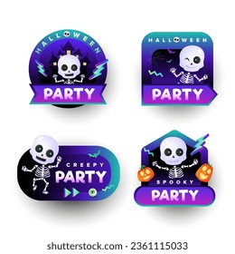 Halloween party label collection with funny skeleton and pumpkin illustration. Halloween cute sticker set template. Vector illustration.
