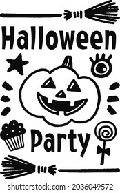 Halloween party label design, vector illustration of a jack-o-lantern and candy.
