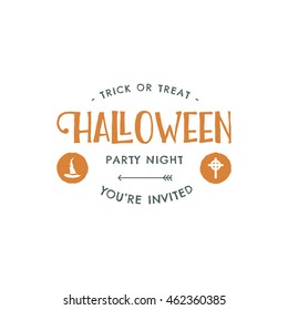 Halloween party label template with hat and typography elements. Vector letters. Retro grunge patch for scary holiday celebration. Print on t shirt, tee, flyers, invitation cards, other identity.