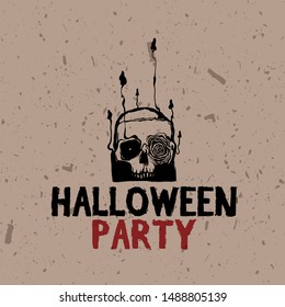 Halloween party label template. Vector text with scary characters. Poster for scary holiday celebration. Halloween template