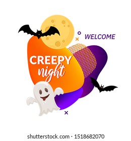 Halloween party lable isolated on white. Holiday design element decorated with ghost and bats.