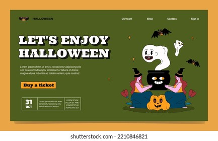 Halloween party landing page template with witch magic, ghosts, pumpkin and bats. Groovy outlined style.