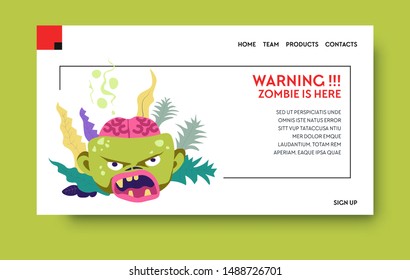 Halloween party landing page, zombie and brain, autumn holiday celebration event vector. Dead monster, thematic party Internet site invitation. Scary creature, walking dead, scary holiday online info