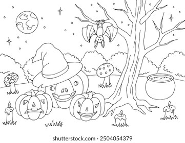 Halloween party landscape graphic black white sketch illustration vector