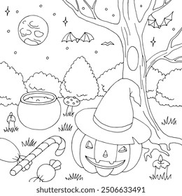 Halloween party landscape graphic black white sketch illustration vector 