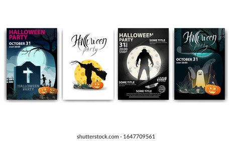 Halloween party, large set party posters. Dark posters with tombstone, pumpkin Jack, werewolf, portal with ghosts and scarecrow