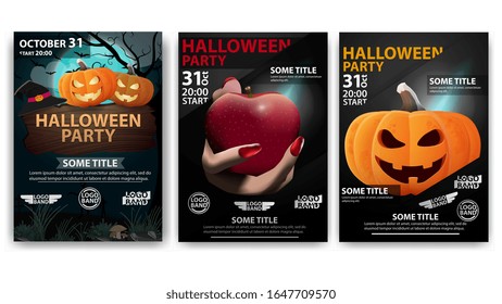 Halloween party, large set party posters for your creativity. Dark posters with Halloween pumpkins and hand holding a red Apple