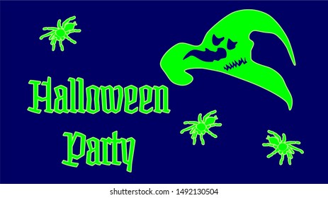Halloween Party leaflet with spider and witch hat. Glow effect green color on dark blue background. October 31 night. Vector isolated horror poster. Party invitation flyer.