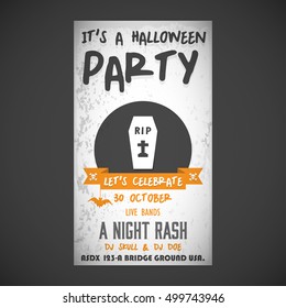 It's a Halloween Party. Let's Celebrate 30 October Live Bands A Night Rash. Coffin Icon vector poster template