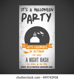 It's a Halloween Party. Let's Celebrate 30 October Live Bands A Night Rash. House with Bats Icon vector poster template