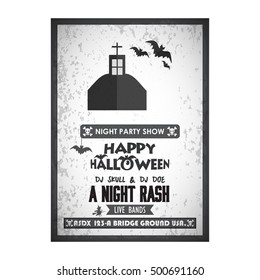 It's a Halloween Party. Let's Celebrate 30 October Live Bands A Night Rash. Halloween Scary House with Flying Bats Icon vector poster template