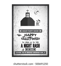 It's a Halloween Party. Let's Celebrate 30 October Live Bands A Night Rash. Halloween House, Bats, Moon and Grave Icon vector poster template