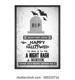 It's a Halloween Party. Let's Celebrate 31 October Live Bands A Night Rash. Halloween Bats flying on Grave Icon vector poster template