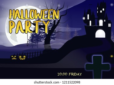 Halloween Party lettering with castle, moon, tree and cross. Invitation or advertising design. Typed text, calligraphy. For leaflets, brochures, invitations, posters or banners.