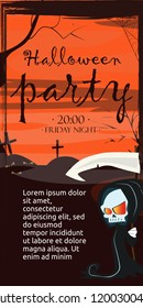 Halloween party lettering with grim reaper. Invitation or advertising design. Handwritten text, calligraphy. For leaflets, brochures, invitations, posters or banners.