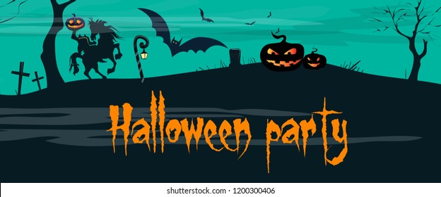 Halloween party lettering with Headless Horseman and pumpkins. Invitation or advertising design. Handwritten text, calligraphy. For leaflets, brochures, invitations, posters or banners.