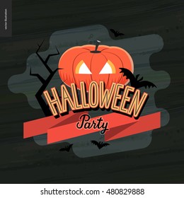 Halloween Party lettering and a jack-o-lantern. Vector cartoon illustration of a cutout pumpkin and flying bats, a black thorny bench, ribbon and writing on it, placed on a contemporary shape.