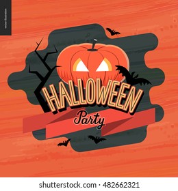 Halloween Party lettering and a jack-o-lantern. Vector cartoon illustration of a cutout pumpkin and flying bats, a black thorny bench, ribbon and writing on it, placed on a contemporary shape.