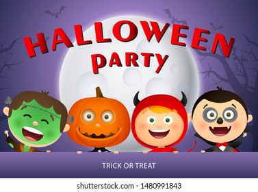 Halloween Party lettering with kids in monsters masks. Invitation or advertising design. Typed text, calligraphy. For leaflets, brochures, invitations, posters or banners.