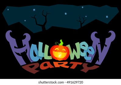 Halloween Party lettering. Original concept of revived funny angry letters and luminous jack-o'-lantern pumpkin on a black background. Useful to design events like Zombie Night or All Hallows Evening.