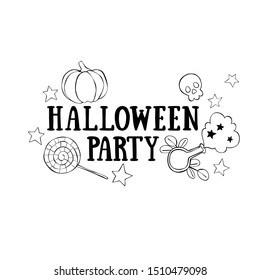 Halloween Party. Lettering. Pumpkin. Candies. Magic and stars. Isolated vector object on a white background.