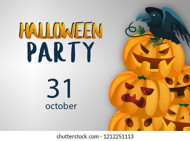 Halloween party lettering with pumpkins and crow. Invitation or advertising design. Typed text, calligraphy. For leaflets, brochures, invitations, posters or banners.