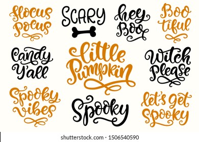 Halloween Party Lettering set. Hand written Ink Modern Calligraphy. Typography Template for posters, banners, kids t-shirt, Stickers, Tags, Gift Cards. Vector illustration